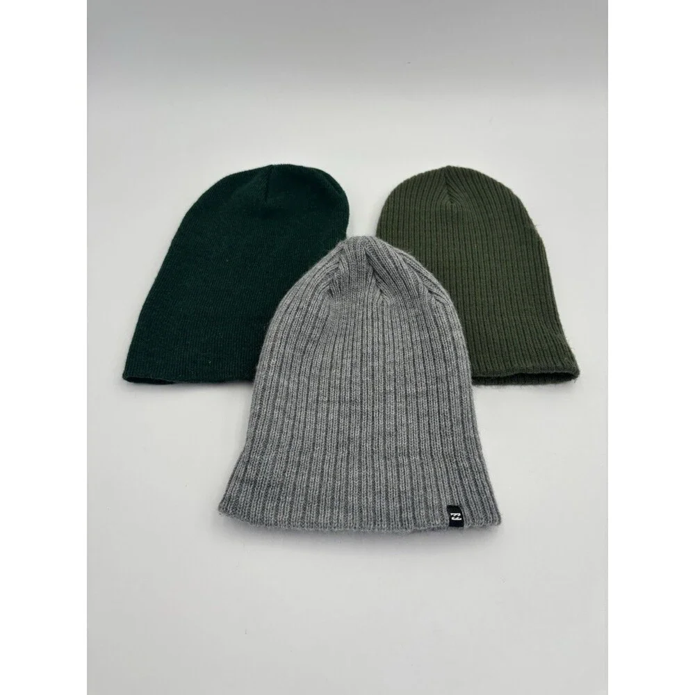 Lot of 3 Knit Beanie Hats Green Olive Gray Unisex Winter Skull Caps Watch Hats